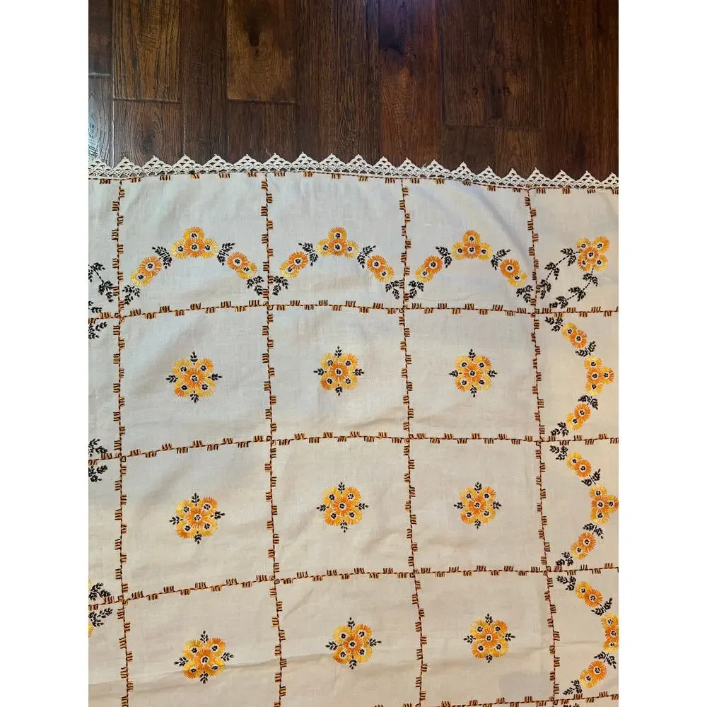 Vintage Embroidered Tablecloth Autumnal Orange Yellow Floral Crochet Lace Border